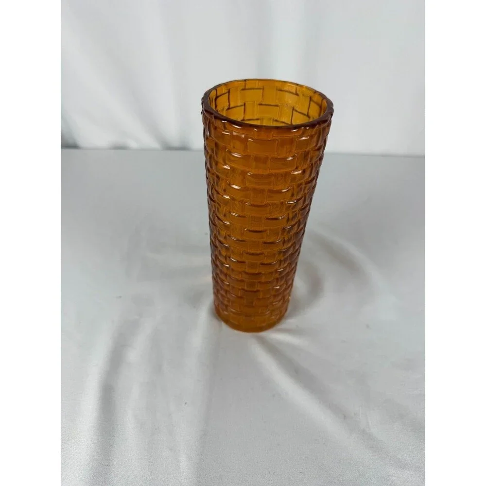 Vintage Indiana Glass Amber Vase Cubist Block Basket Weave Design 3